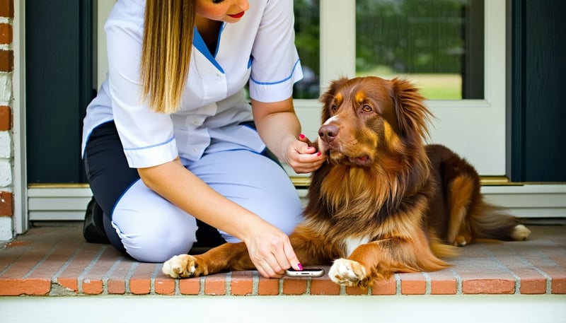 Mobile pet nail technician caring for a relaxed dog on a front porch