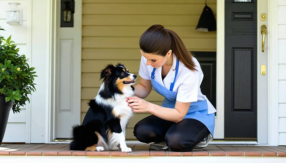 Mobile pet nail technician caring for a pet on a front porch